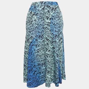 Pre Owned تنورة ستيلا مكارتني ميدي كريب حريري مطبوع أزرق مقاس صغير