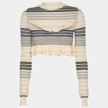 Pre Owned Stella McCartney Cream/Blue Striped Rib Knit Cropped Striped Frill Jumper S