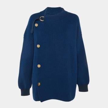 Pre Owned Stella McCartney Blue Wool Rib Knit Asymmetrical Buttoned Cardigan S