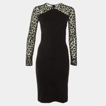 Pre Owned فستان ستيلا مكارتني جيرسي أسود وشبك طول الركبة ضيق مقاس صغير