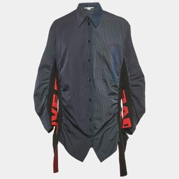 Pre Owned Stella McCartney Navy Blue Pinstripe Cotton Ruche Shirt M