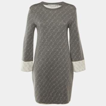 Pre Owned Stella McCartney Grey /Cream Logo Wool Knit Mini Dress M