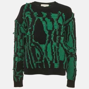 Pre Owned Stella McCartney Black/Green Frayed Knit Crewneck Sweater M