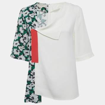 Pre Owned Stella McCartney White/Green Floral Print Crepe Top XS