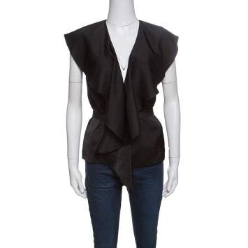 Pre Owned Stella McCartney Black Satin Ruffled Neck Waist Tie Detail Sleeveless Top S