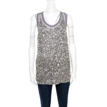 Pre Owned Stella McCartney Grey Silk Cotton Sequin Embellished Tank Top S