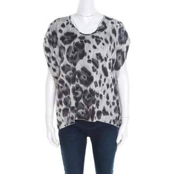 Pre Owned Stella McCartney Grey Peony Animal Print Silk Pleated Sleeve Boxy Blouse M