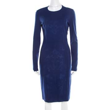Pre Owned Stella McCartney Cobalt Blue Embossed Jacquard Front Panel Detail Long Sleeve Dress M
