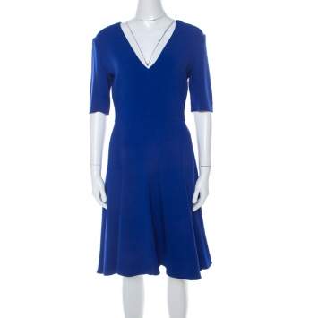 Pre Owned Stella McCartney Blue Stretch Crepe Asymmetrical Hem Flared Dress S 