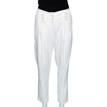 Pre Owned Stella McCartney Cream Coated Silk Button Detail Tapered Trousers S