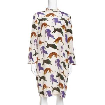 Pre Owned Stella McCartney Cream Wild Cat Print Silk Short Dress M