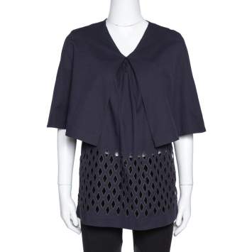 Pre Owned Stella McCartney Navy Blue Cutout Cotton Cape Sleeve Top S