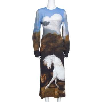 Pre Owned Stella McCartney Blue Stubbs Horse Print Side Slit Detail Midi Dress S
