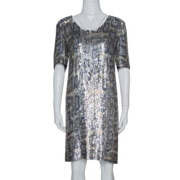 Pre Owned Stella McCartney Metallic Sequin Embellished Short Sleeve Shift Dress M