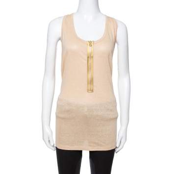 Pre Owned Stella McCartney Beige Linen & Cotton Zip Front Tank Top L