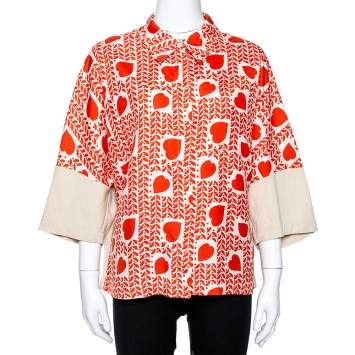 Pre Owned Stella McCartney Orange Hearts Print Silk & Linen Paneled Blouse L