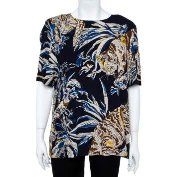 Pre Owned Stella McCartney Navy Stretch Crepe Cat Print Blouse L