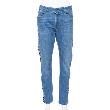 Pre Owned Stella McCartney Blue Denim Logo Tape Detail Straight Leg Jeans M