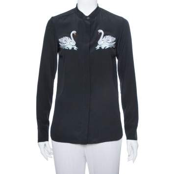 Pre Owned Stella McCartney Black Swan Embroidered Silk Shirt S