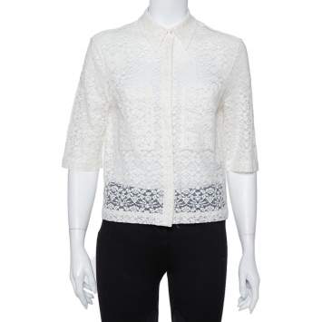 Pre Owned Stella McCartney Cream Lace Button Front Sheer Crop Top M