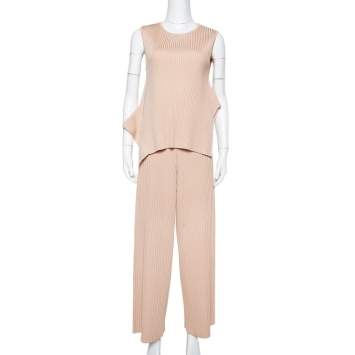 Pre Owned Stella McCartney Beige Rib Knit Sleeveless Flared Top & Flared Pants Set S