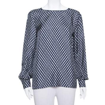 Pre Owned Stella McCartney Navy Blue Check Patterned Silk Oversized Top S