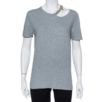 Pre Owned Stella McCartney Grey Cotton Chain Trim Cutout Shoulder Detail Crewneck T-Shirt M 