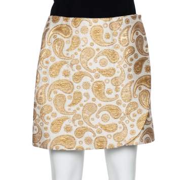Pre Owned Stella McCartney Gold/White Paisley Brocade Mini Wrap Skirt S