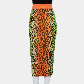Pre Owned Stella McCartney Multicolor Neon Leopard Knit Fitted Midi Skirt M