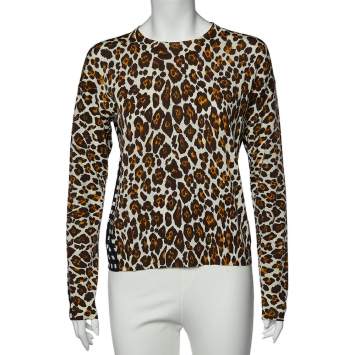 Pre Owned Stella McCartney White Leopard And Check Print Wool Long Sleeve Sweater M