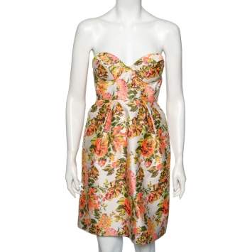 Pre Owned Stella McCartney Metallic Neon Floral Jacquard Ridley Strapless Mini Dress S