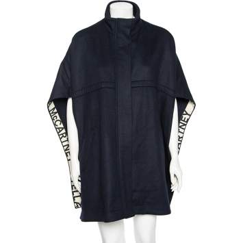 Pre Owned Stella McCartney Navy Blue Wool Logo Trim Detailed Zip Front Cape S