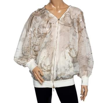Pre Owned Stella McCartney Cream & Gold Foil Printed Cotton Draped Lightweight Bomber Jacket S