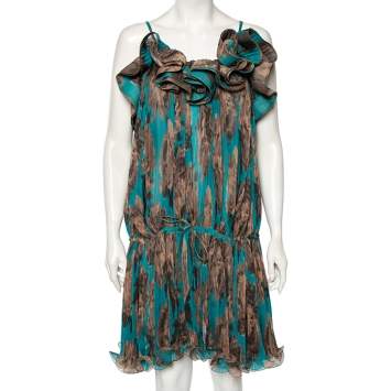 Pre Owned Stella McCartney Blue & Brown Printed Ruffled Short Dress M