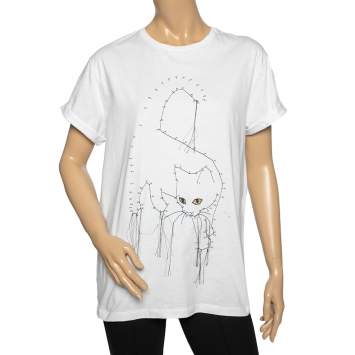 Pre Owned Stella McCartney White Cotton Cat Embroidered Short Sleeve T-Shirt M