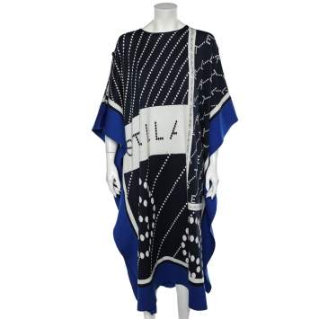 Pre Owned Stella McCartney Navy Blue Logo Intarsia Knit Long Poncho S