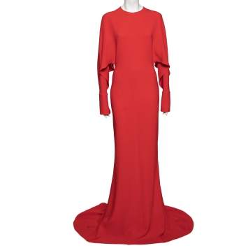 Pre Owned Stella McCartney Red Crepe Draped Sleeve Detail Long Evening Gown S