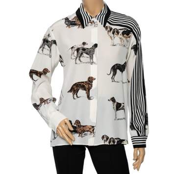 Pre Owned Stella McCartney Monochrome Silk Crepe De Chine Dog Printed Shirt S 