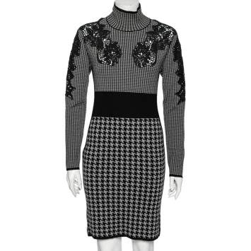 Pre Owned Stella McCartney Grey Houndstooth Patterned Wool & Lace Inset Dress M