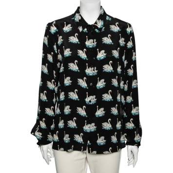 Pre Owned Stella McCartney Black Swan Printed Silk Button Front Shirt L