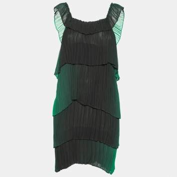 Pre Owned Stella McCartney Green Ombre Plisse Silk Tiered Short Dress M