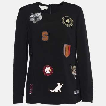 Pre Owned Stella McCartney Black Crepe Patch Detail Long Sleeve Top S