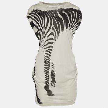 Pre Owned Stella McCartney Ivory Zebra Print Cotton Round Neck Top S