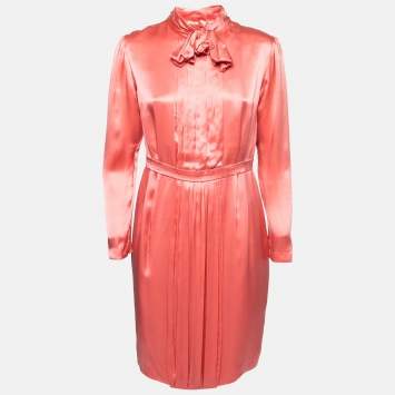 Pre Owned Stella McCartney Coral Pink Silk Satin Bow Detail Pleated Dress M