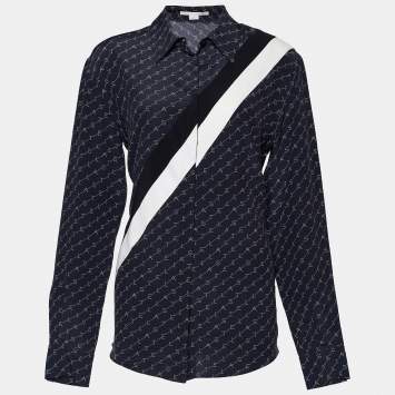 Pre Owned Stella McCartney Navy Blue Striped Monogram Print Silk Odette Shirt M