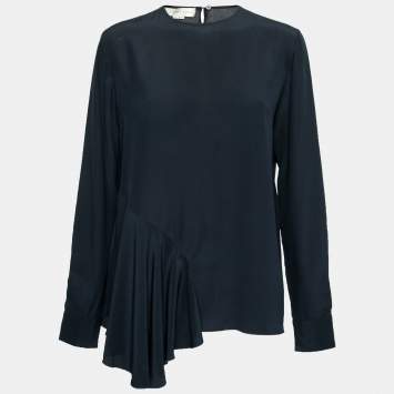 Pre Owned Stella McCartney Midnight Blue Silk Asymmetrical Hem Detail Blouse M