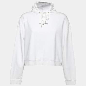 Pre Owned Stella McCartney White Logo Printed Cotton Cropped Hoodie M
