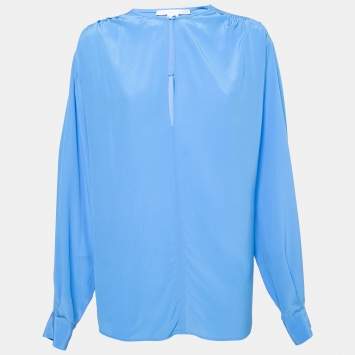 Pre Owned Stella McCartney Blue Silk Key-Hole Long-Sleeve Top L