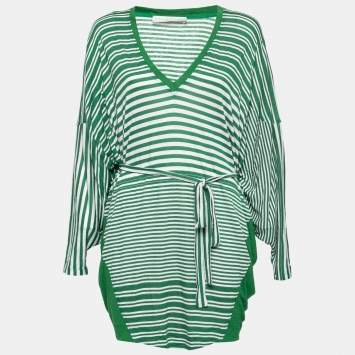 Pre Owned Stella McCartney Green Striped Linen Blend Knit Oversized Belted Mini Dress M