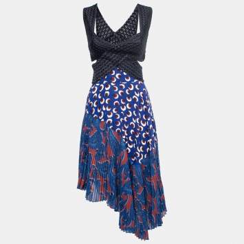 Pre Owned Stella McCartney Navy Blue Silk & Textured Cutout Asymmetric Midi Dress S